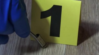 Suç araştırmacısı mavi eldivenli, çantada mermi kovanları var, suç mahallinde inceleme yapmak için.