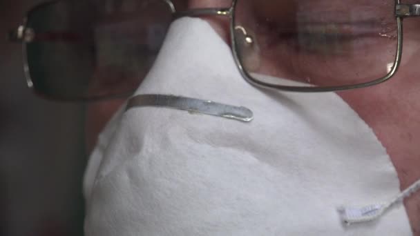 Scared Mature Male Scientist Coronavirus Gauze Mask Glasses Looking Screen — Stock Video