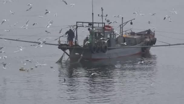 Mykolaiv ウクライナ 10月21 2019 古いトロール網で魚を捕まえる小さな古い鉄釣り船のトップビュー — ストック動画