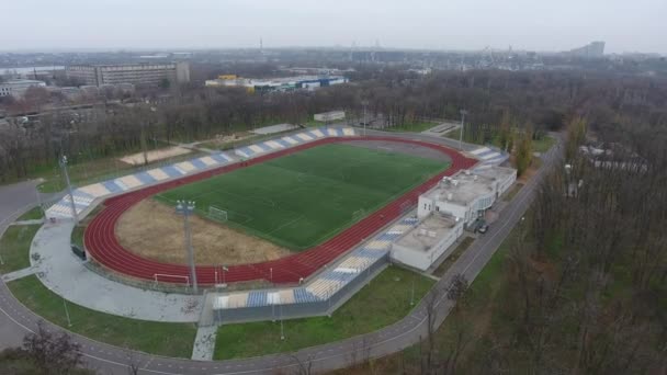 Luftaufnahme Stadion Mit Grünem Fußballfeld Einem Herbstlichen Park Mit Grauen — Stockvideo