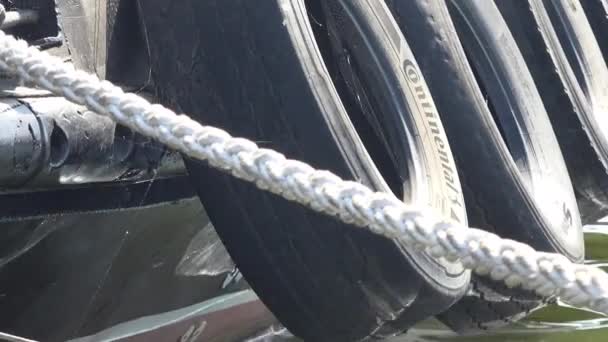Large Car Tires Used Mooring Fenders Board Tugboat Port — Stock Video