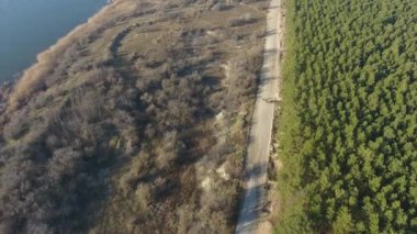 Hava manzaralı bisikletçi grubu yeşil çam ormanı ile nehir ve bataklık kıyı şeridi arasında yol boyunca ilerliyor.