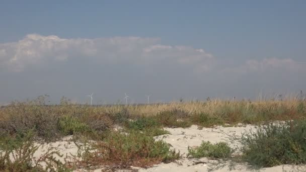 Daleko Obzoru Pracují Bílé Větrné Farmy Popředí Ohniskového Písku Pláži — Stock video