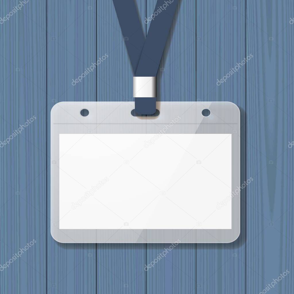 Badge template, identification card with lanyard. Blank mockup on wooden background. Add your own background, text, logo, or any other design. Vector illustration.