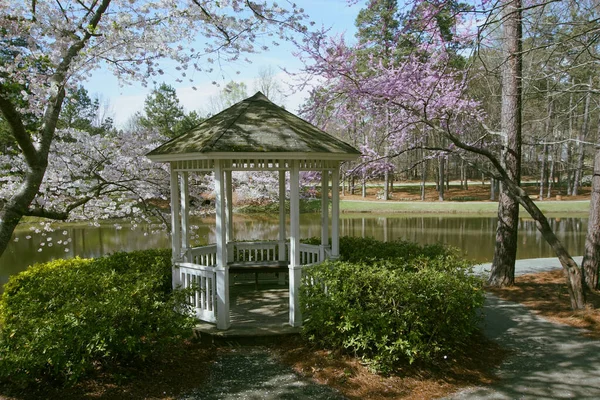 Pavillon Einem Teich Umgeben Von Blühenden Bäumen — Stockfoto