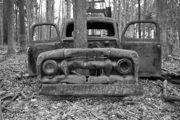 Velho Caminhão Enferrujado Abandonado Com Uma Árvore Crescendo Através Compartimento — Fotografia de Stock