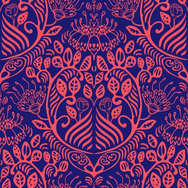 Hayali çiçek ve yaprakların el çizimi ve vektörel tasviri Art Nouveau tarzı jumbo ölçeğinde. Bu şablonun modaya uygun renkleri kolayca göze çarpıyor. Parlak, zıt renklerin desenleri dikkatleri üzerine çeker..