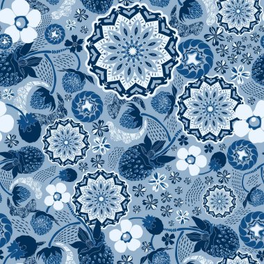 Yılın 2020 rengi için zamansız ve dingin bir seçimden esinlenilmiş mavi renkli bir vizyon geometrik ve çiçekli tasarımı birleştirir. Monokromatik mavi renklerin sakinleştirici rengi tekstil, ev dekoratif ürünler ve kırtasiye ürünleri gibi ürünlerde iyi görünür..