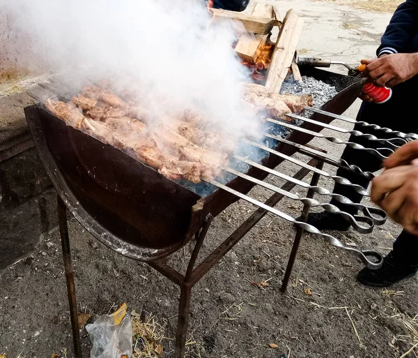 Nous célébrons le jour du village, comment peut kebabs sans charbon de bois sur — Photo