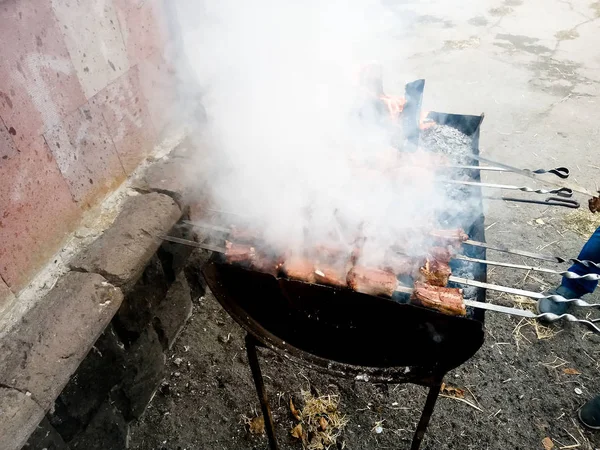 Nous célébrons le jour du village, comment peut kebabs sans charbon de bois sur — Photo