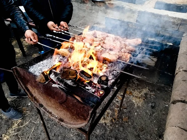 Nous célébrons le jour du village, comment peut kebabs sans charbon de bois sur — Photo