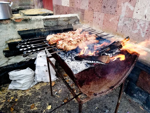 We celebrate the village day, how can kebabs without charcoal on — Stock Photo, Image