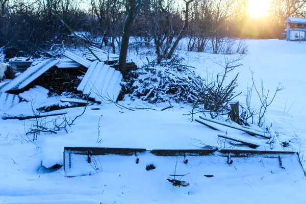 冬の風景川と木が湖の家の上に沈む — ストック写真