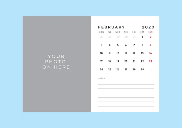 Kalendář měsíčních stolů s držákem fotografie a poznámkovým prostorem. — Stockový vektor