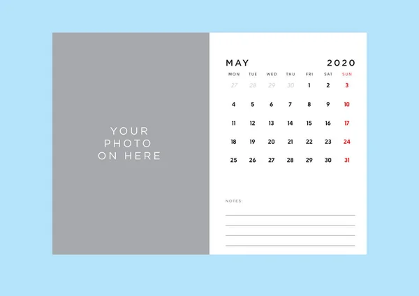 Calendrier mensuel de bureau avec porte-photo et espace de notes . — Image vectorielle