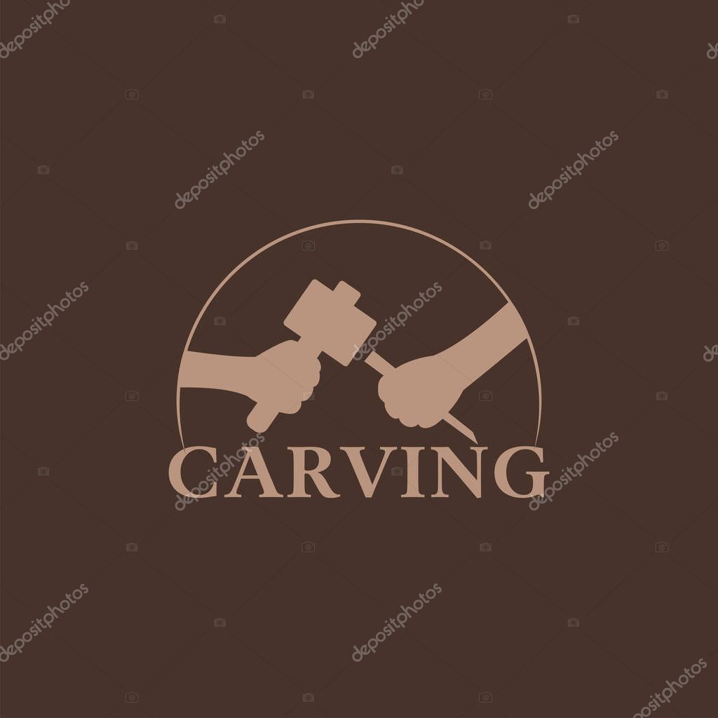 Woodcarving logotype Illustration with hand holding the chisel and hammer. Vintage style logo, engraving logo. Wood engraver logo design