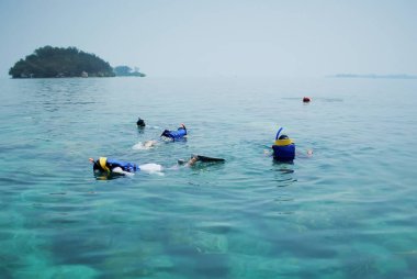 Seribu Adası yakınlarındaki tropikal okyanus suyunda şnorkelle yüzmek, Jakarta