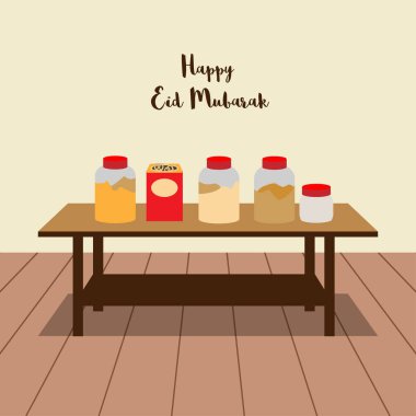 Masadaki kavanozda bayram mübarek metni var. vektör