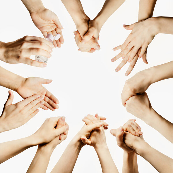 The sequence of how to wash and gel the hands with an antiseptic during a coronavirus or Covid-19 pandemic. Collage . On a white isolated background