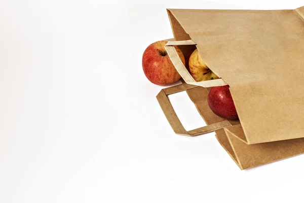 Kraft Paper Bag Brown Apples White Background Empty Paper Bag — Stock Photo, Image