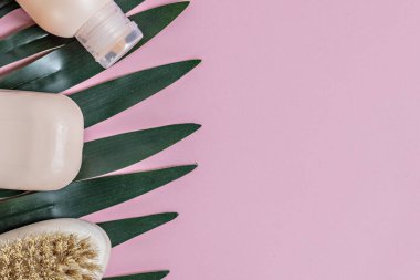 Pembe arka planda yeşil yapraklar, bir vücut fırçası, şeftali sabunu ve duş jeli. Vücut bakımı. Spa ev kavramı