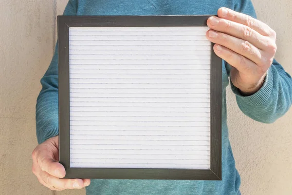 Man Holds Empty Placard Inscriptions Copy Space — Stock Photo, Image