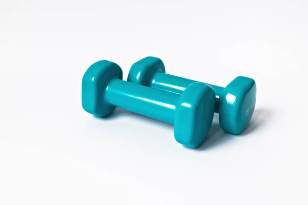 Mancuernas Azules Para Fitness Sobre Fondo Blanco Estilo Vida Saludable —  Fotos de Stock
