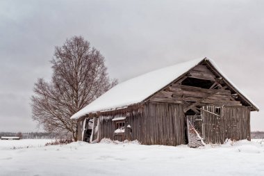 Terk edilmiş Barn House karla kaplı
