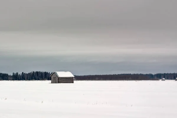 Liten ladugård på snön täckte fält — Stockfoto