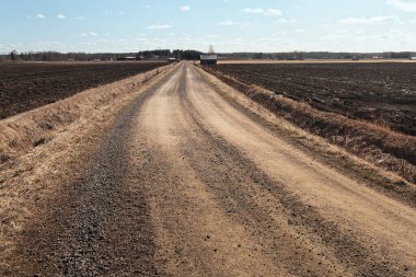 Çakıl yolu tarlalardan geçer ve Finlandiya 'nın kırsalındaki ahır evlerinden geçer..