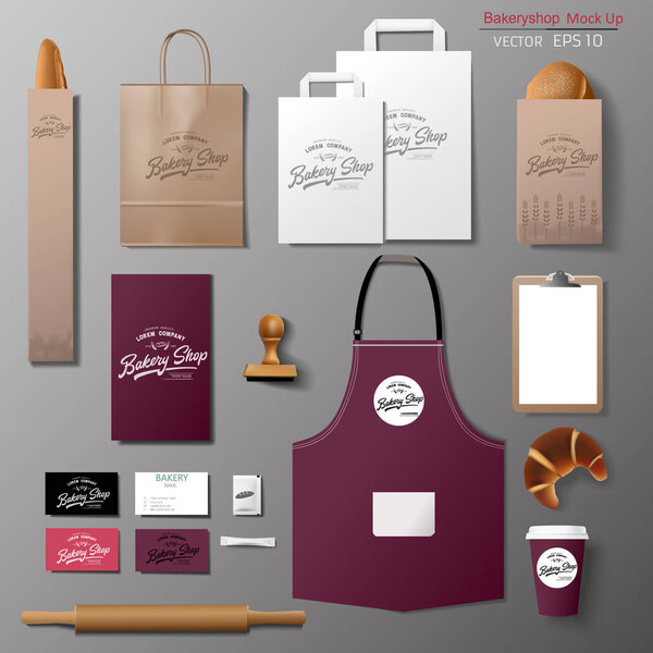 Vector bakery corporate branding identity template design set. Take away mock up