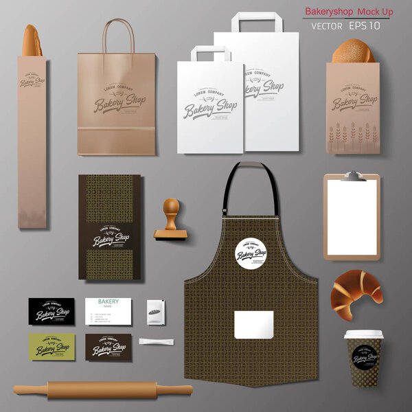 Vector bakery corporate branding identity template design set. Take away mock up