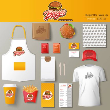Vektör burger çubuğu şirket kimlik şablonu tasarımı seti. Damgalama modeli.