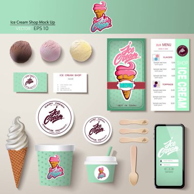 Vektör dondurma şirket kimlik şablonu tasarımı seti. Damgalama modeli.