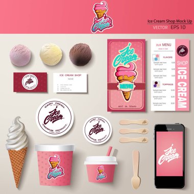 Vektör dondurma şirket kimlik şablonu tasarımı seti. Damgalama modeli