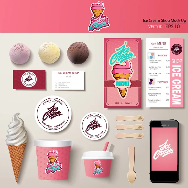 Vektör dondurma şirket kimlik şablonu tasarımı seti. Damgalama modeli