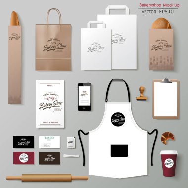 Vector bakery corporate branding identity template design set. Take away mock up clipart
