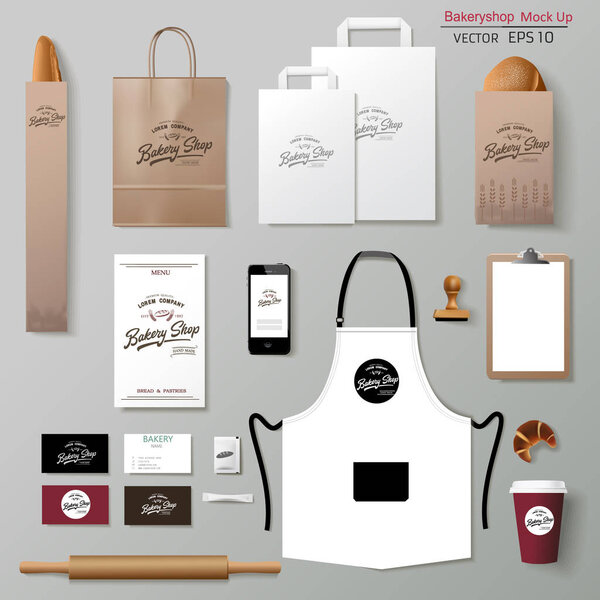 Vector bakery corporate branding identity template design set. Take away mock up