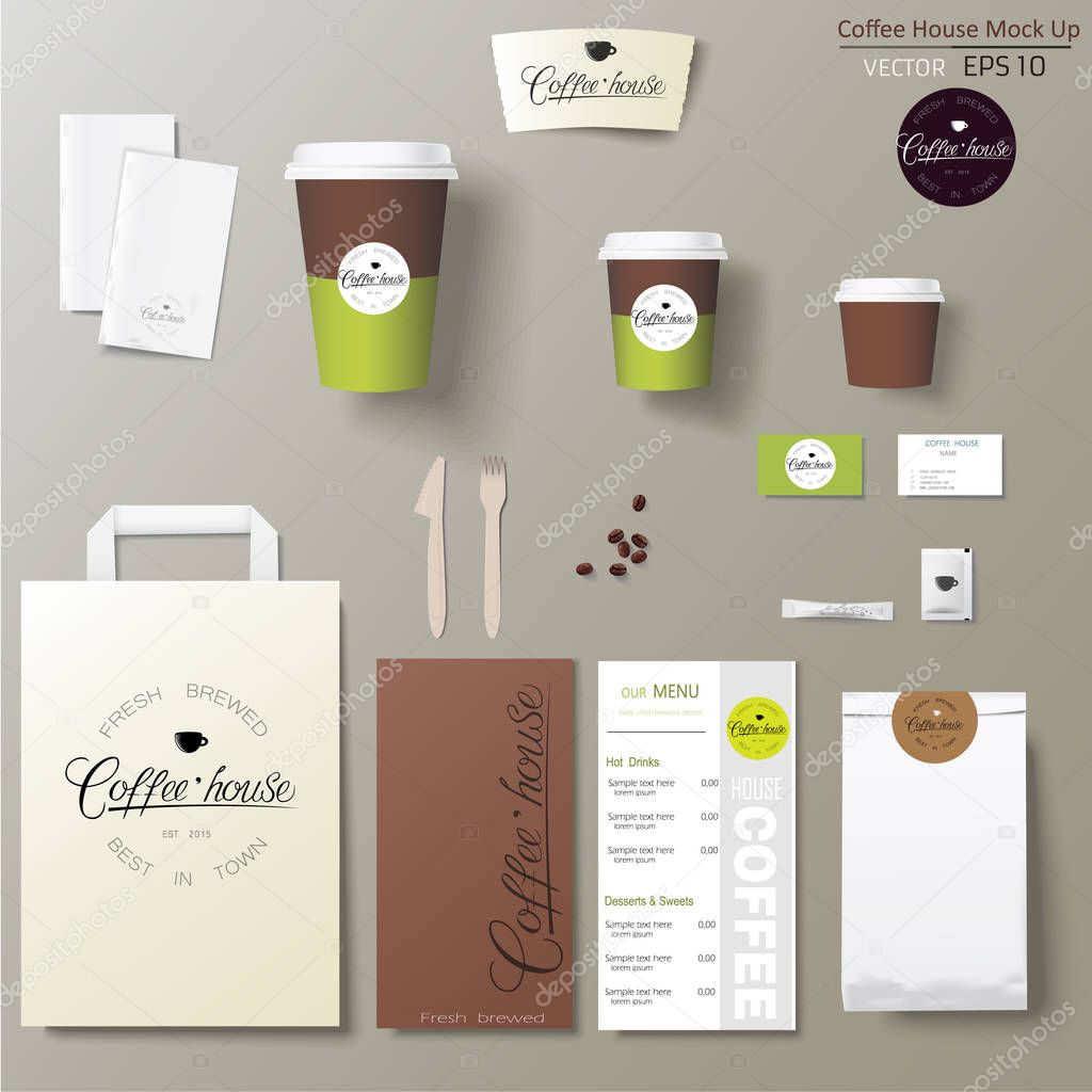 Coffee shop corporate identity template design set with calligraphy logo. Take away mock up