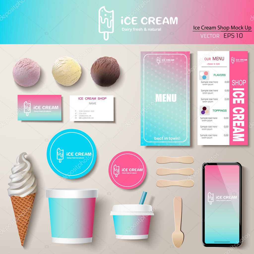 Vector ice cream corporate identity template design set. Branding mock up