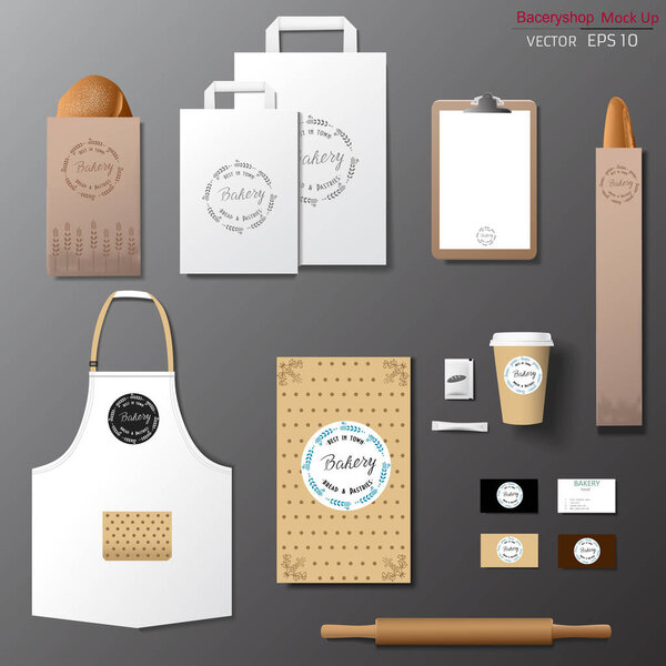 Vector bakery corporate branding identity template design set. Take away mock up