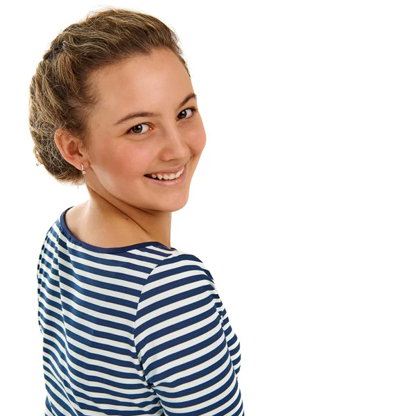 Portret van een mooie jonge vrouw close-up op een witte achtergrond — Stockfoto
