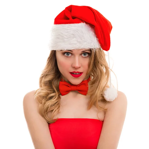 Рождественский портрет красивой молодой женщины. Очаровательная девушка в костюме Санта Клауса — стоковое фото