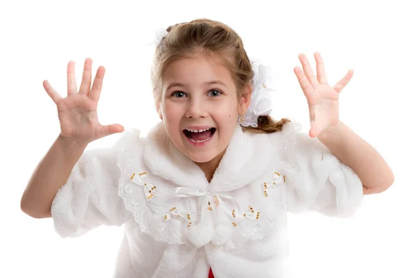 Portrait of cheerful beautiful little girl on a white background — Stock Photo, Image