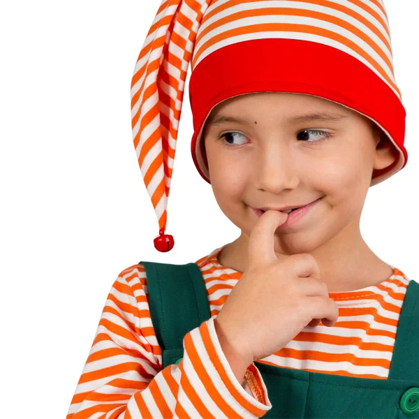 Retrato de uma criança em um terno de elfo em um fundo branco — Fotografia de Stock