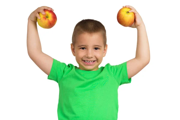 Retrato de un niño feliz con manzanas en las manos sobre un fondo blanco —  Fotos de Stock
