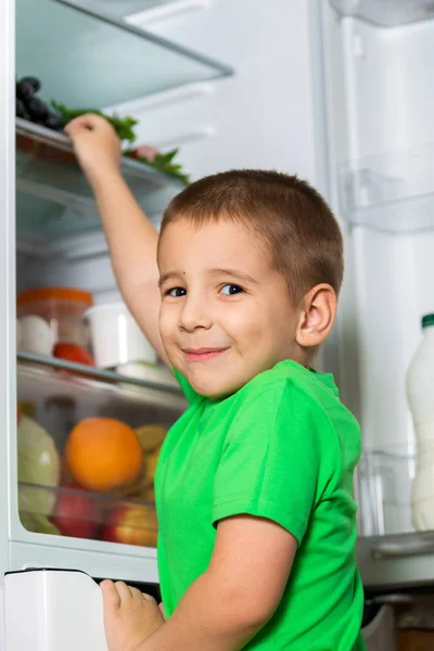 Retrato de un hermoso niño sonriente en la cocina junto al refrigerador — Foto de Stock