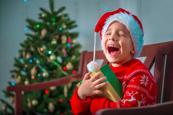 Retrato de un niño feliz con un regalo en el fondo de un árbol de Navidad — Foto de Stock