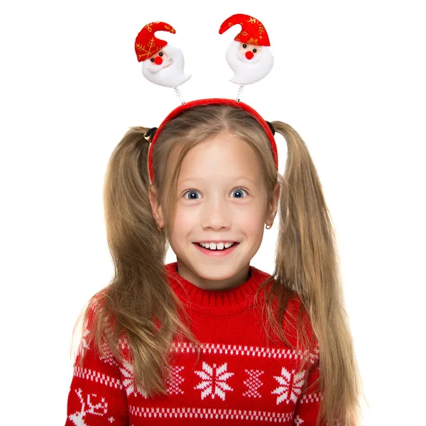 Retrato de uma criança alegre em um traje de Natal. Foto sobre um fundo branco — Fotografia de Stock