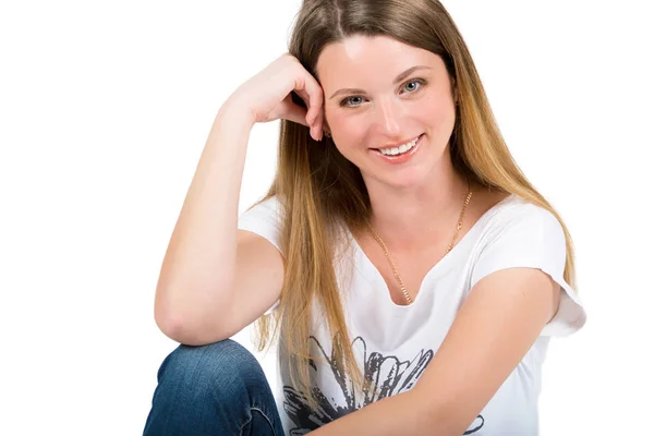 Portrait of a beautiful cheerful young woman on a white background — Stock Photo, Image